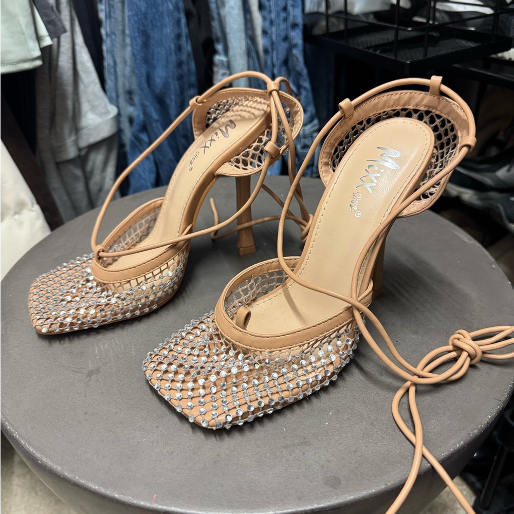 Mixx Shuz Tan and Silver Strappy Heels